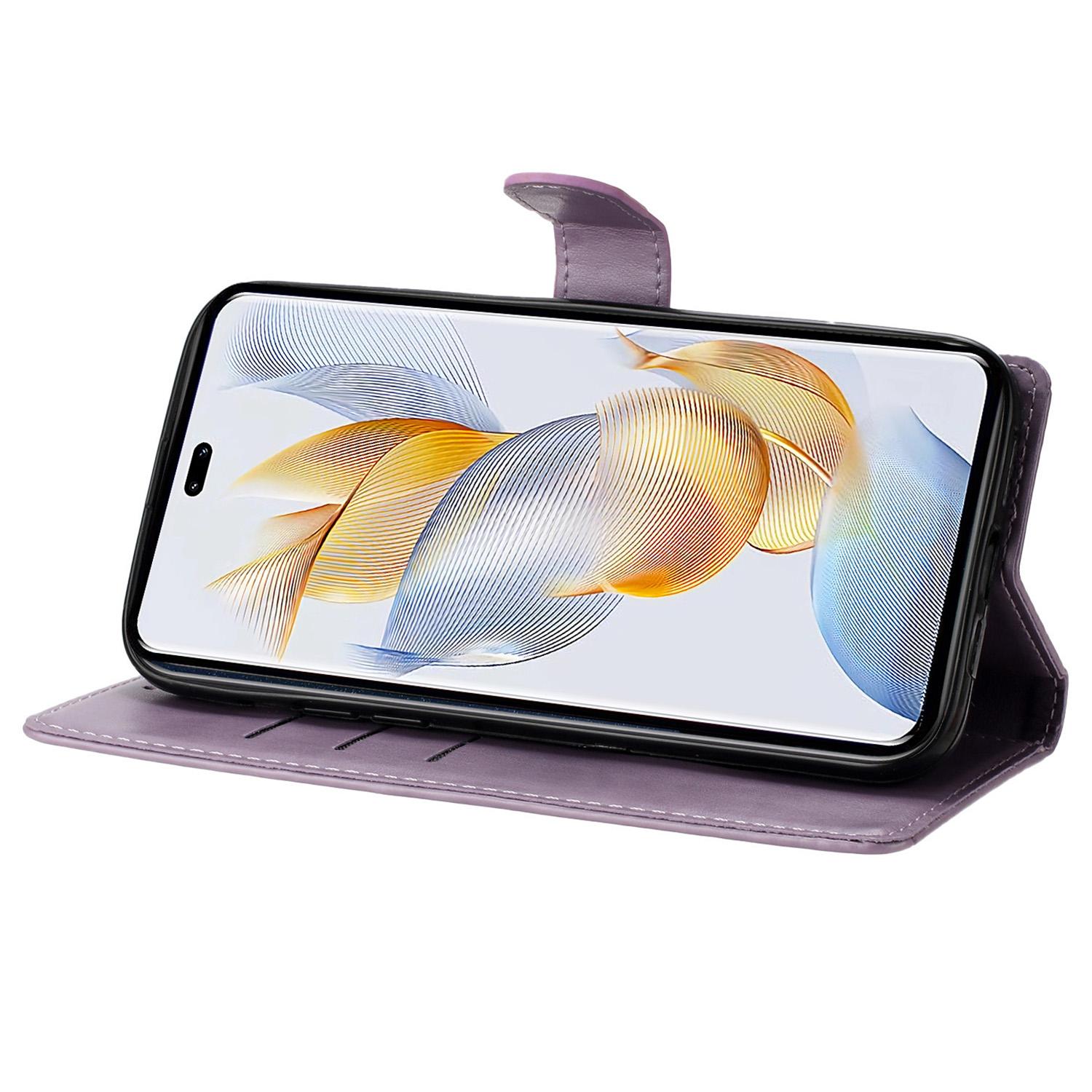 

For Honor 90 Phone Case Butterfly Floral Imprint Leather Flip Cover with Stand Purple