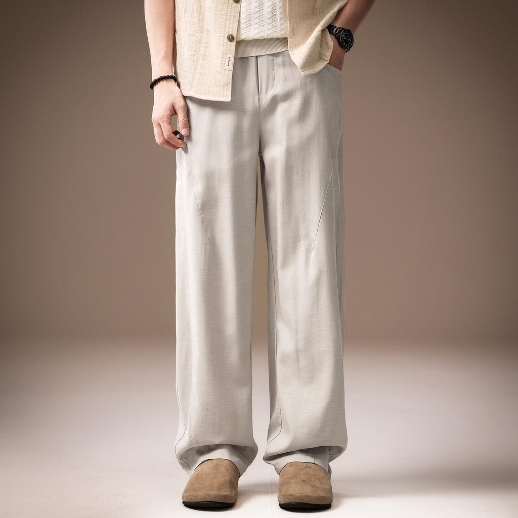 High-end old money Fengtencel linen drape casual pants men's summer thin splicing loose straight wide-leg pants
