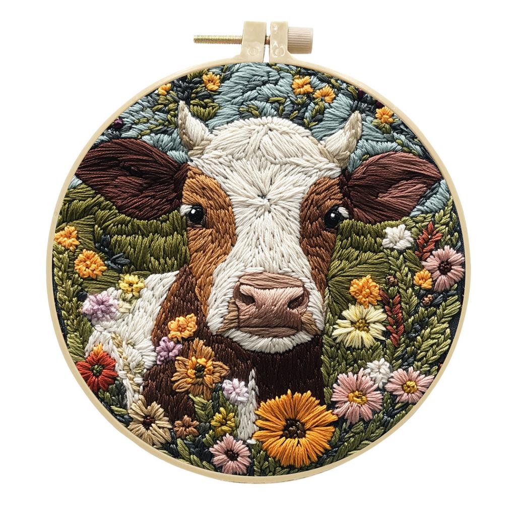 1 Stück Kuh- und Blumenmuster Stickerei DIY Stoffbastelset mit Werkzeugen