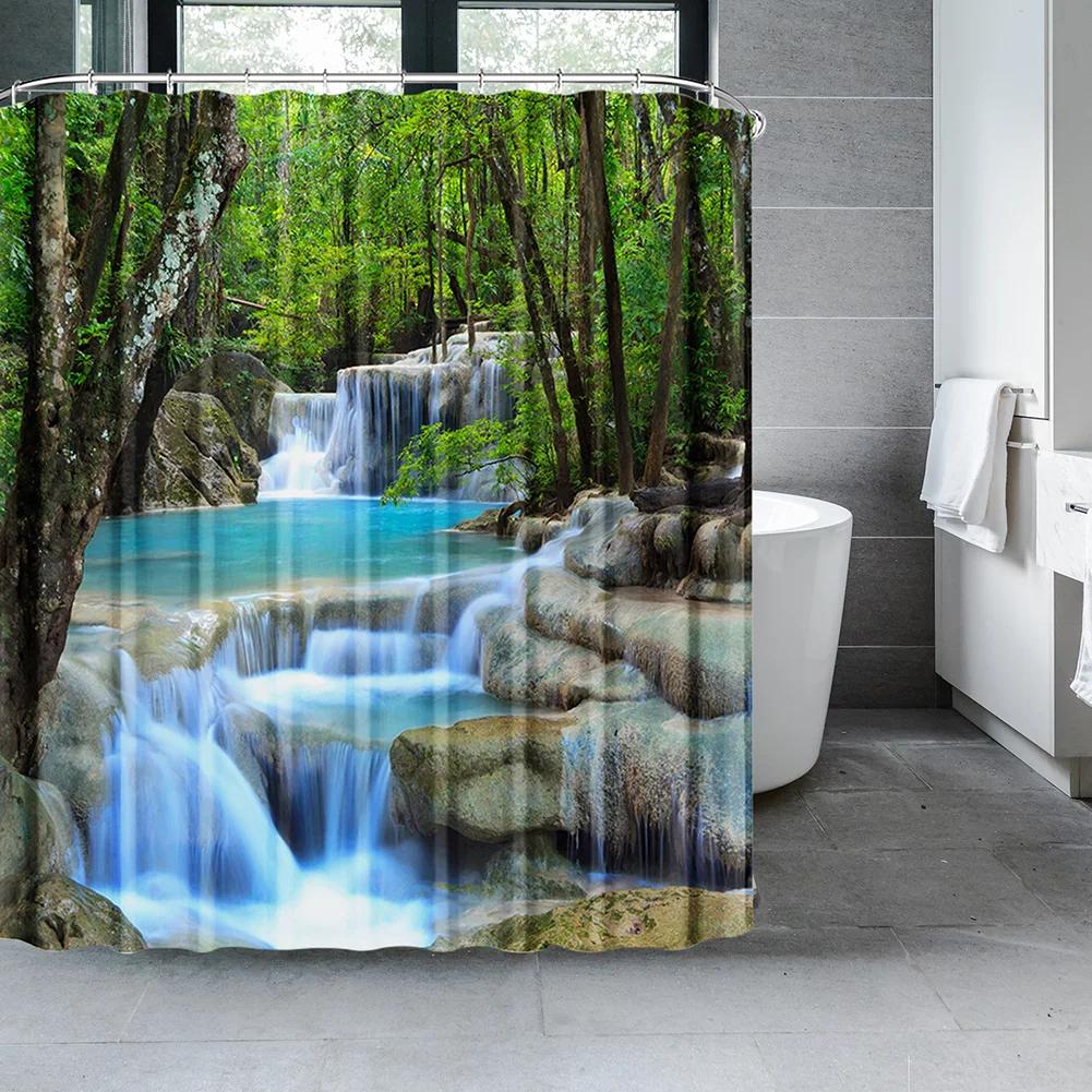 Courtyard Scenery Shower Curtains Landscape Ocean Bathroom Curtain Waterproof Cloth Decoration Mold Resistant Bath Curtain