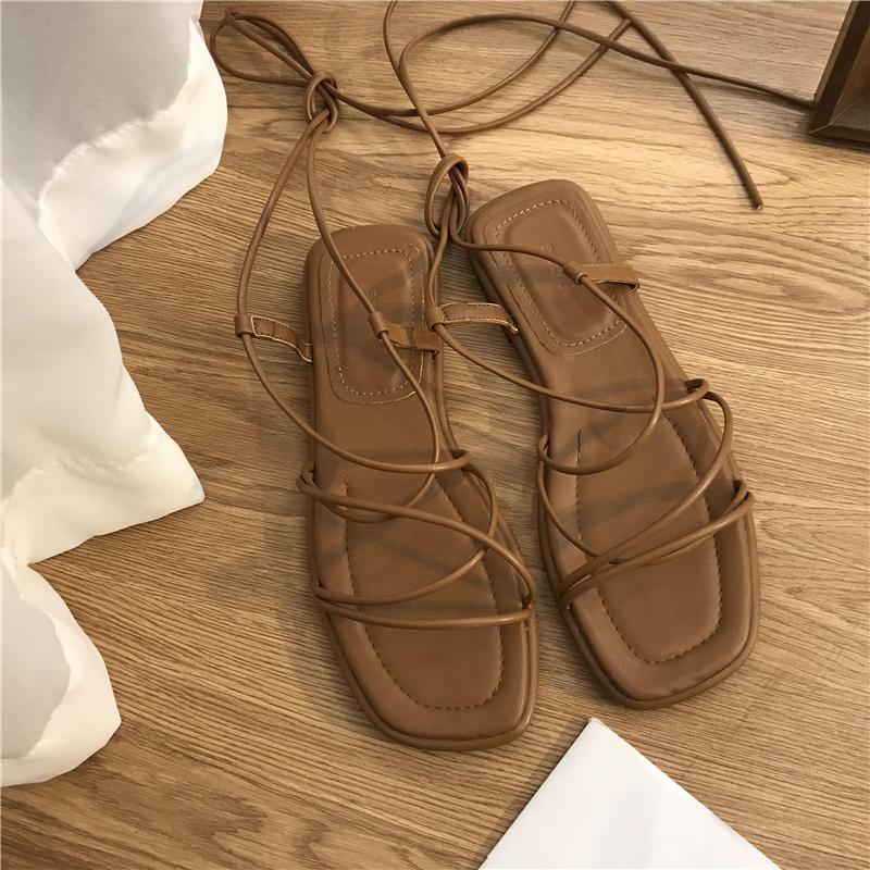 Summer Shoes Women Sandals Narrow Band Vintage Square Toe Flat Cross Strap Thong Sandals V Shape Design Shoes Women