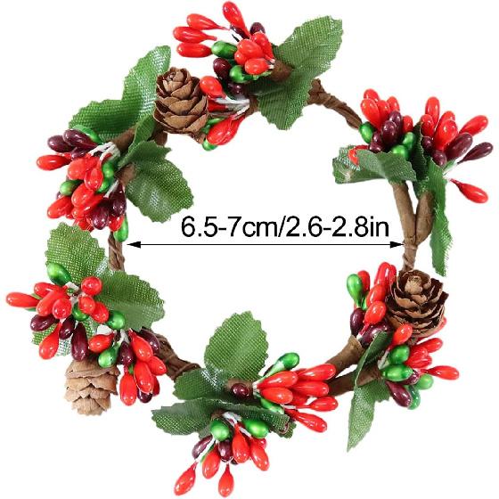 4 Pcs Christmas Candle Rings, Red Berry Pine Cone Wreath for Candle Holders Festival Table Decoration for Christmas Thanksgiving Harvest Day