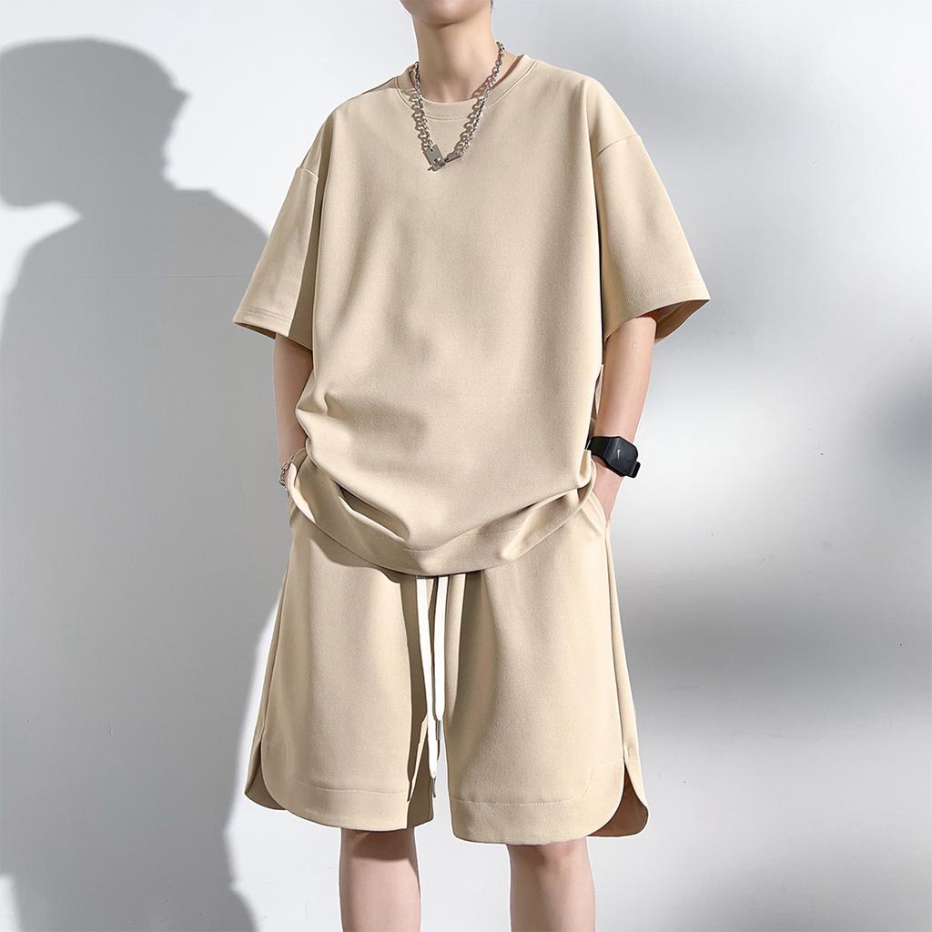 Sommer Kortarmet T-skjorte og Shorts Sett   Eksenfarget Treningsdresser Løse Oversized Herre Sett Fritids Sportsdrakt