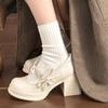 Fashion Mary Jane Single Shoes Autumn New Round Toe Shallow Bow One Strap Platform Non-Slip Heels