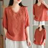 Women Summer Tops V-neck Half Sleeve Embroidery Pattern Pullover Tops Solid Color Loose Fit Commuting Style Tops
