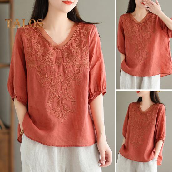 Women Summer Tops V-neck Half Sleeve Embroidery Pattern Pullover Tops Solid Color Loose Fit Commuting Style Tops