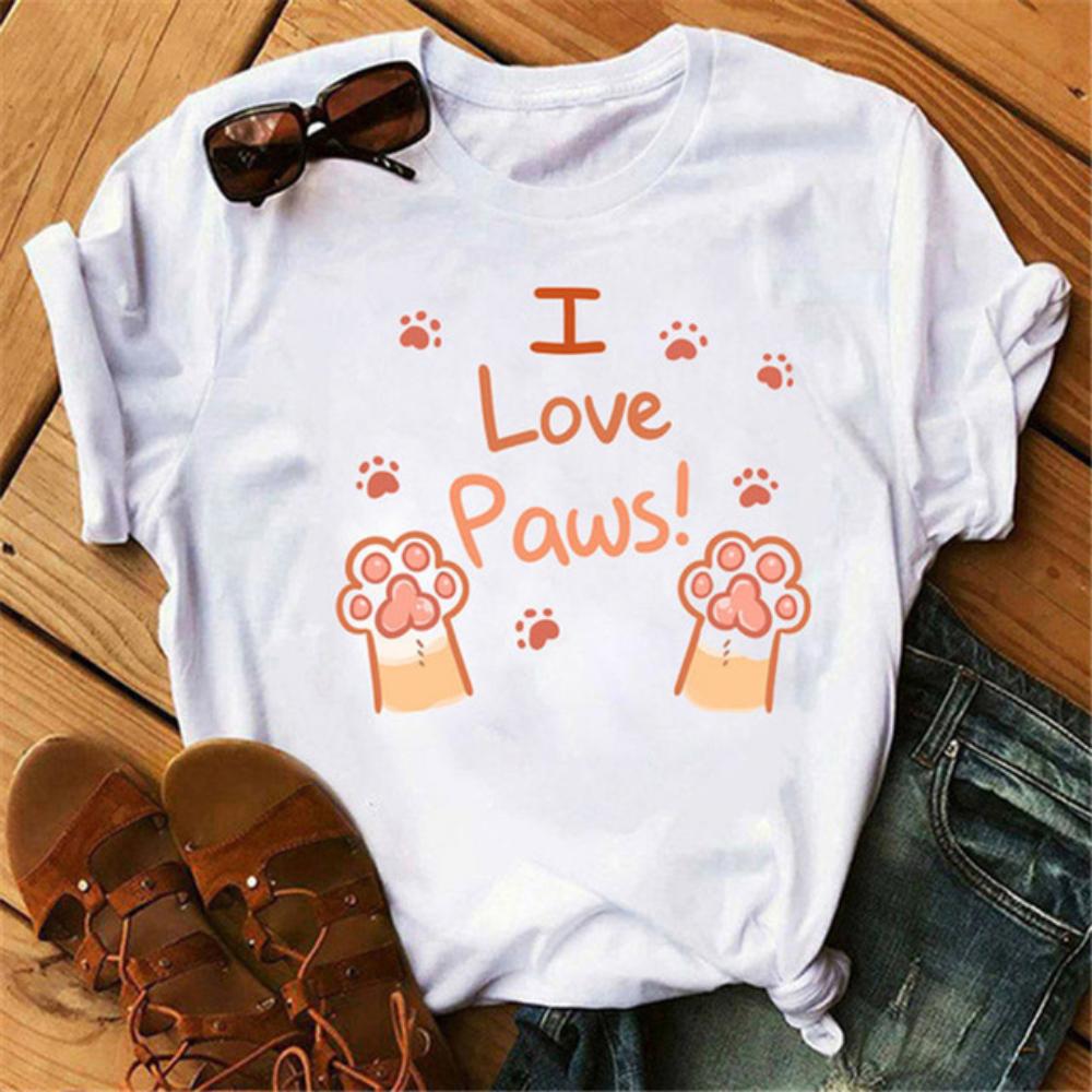 Paw Print with Love Heart White Tshirt Women Loose Fit Casual Tee Oversized Round Neck Streetwear Daily Fashion Short Sleeve S