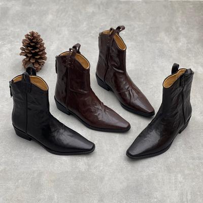 Retro Genuine Leather Pointed Ankle Boots for Slimming and Thick-heeled Women's Boots and Shoes