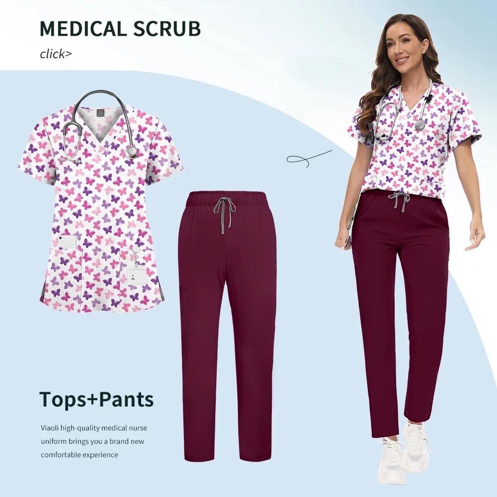 Printed Scrub Uniform Set V Neck Short Sleeves Pockets Top Medical Soft Scrub Pants Sets Nurse Surgical Uniforms Woman