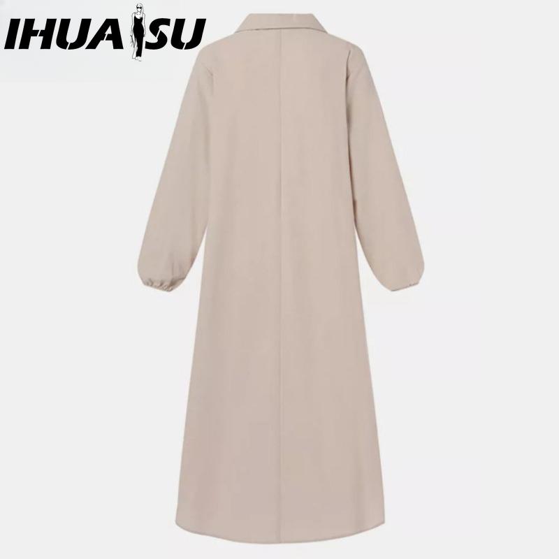 IHUASU Moda dama primavara toamna imprimeu culoare solida maneca lunga talie inalta rochii casual