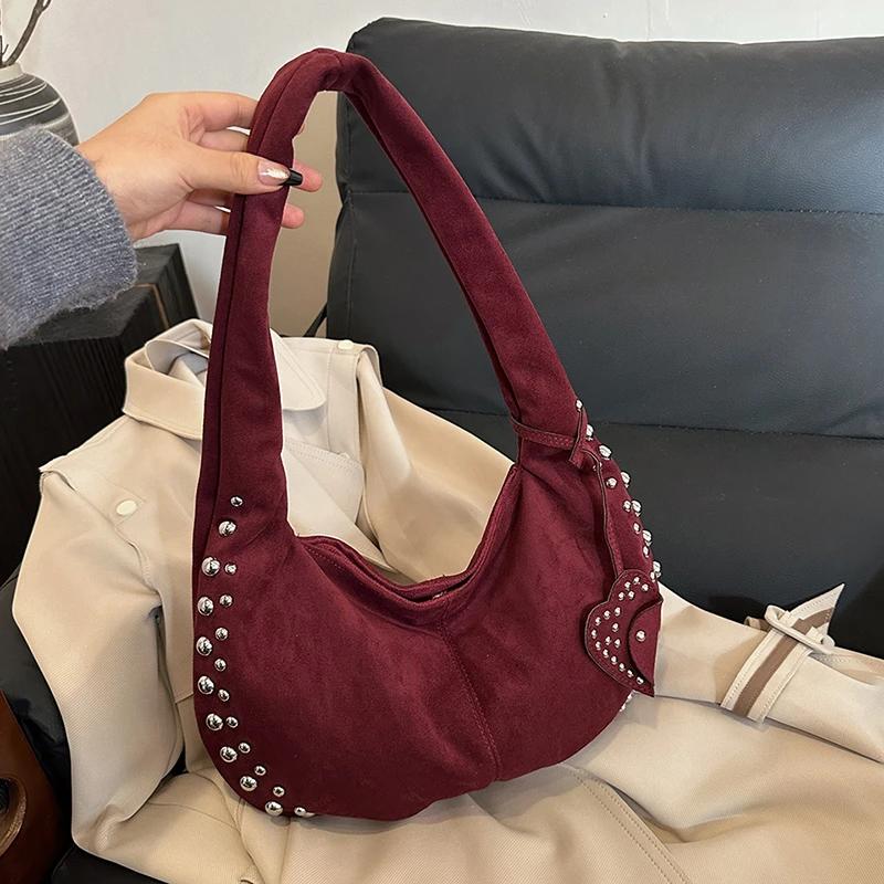 Suede Retro Rivets Design Shoulder Bag for Women 2024 Winter Trend New Y2K Fashion Design Handbags Females Tote Bags