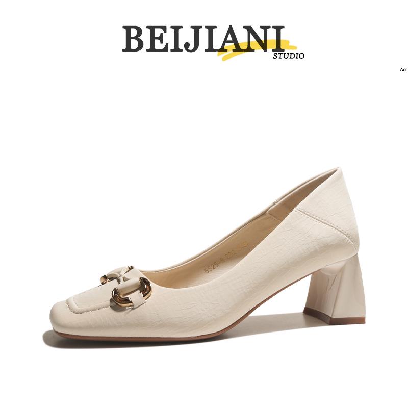 BEIJIANI 5525-8 Damen Square Toe Schafsleder Chunky Heels mit Metallschnalle, Konvertierbares Slipper-Design.