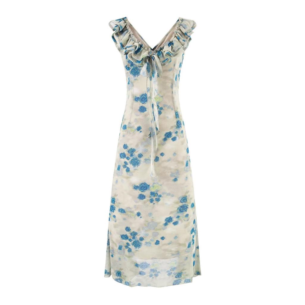 Summer Design Smudge Floral Thin Dress Female French Retro Royal Sister Style Temperament Waist Long Dress