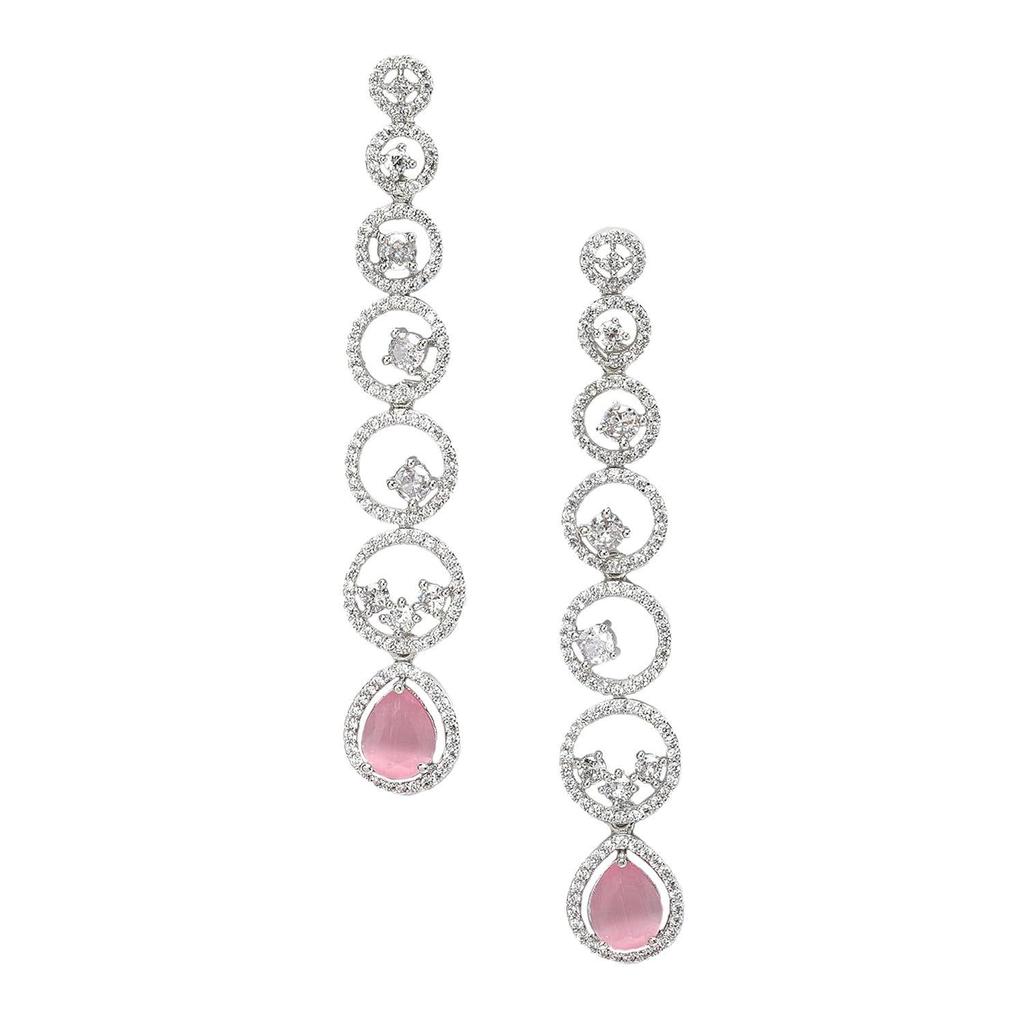 Oxidised Silver-Plated American Diamond Studded Circular Shaped Drop Earrings for Girls and Women