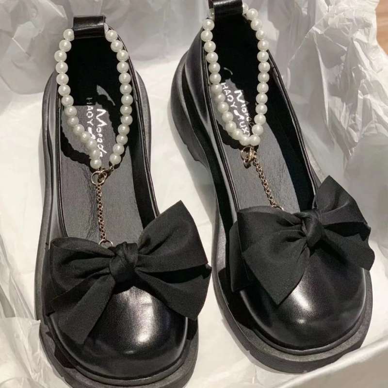 

Mary Jane Shoes Girl Summer 2025 New Fairy Wind Bow Pearl Platform Non-slip Versatile Small Leather Shoes Tide 35 чёрный