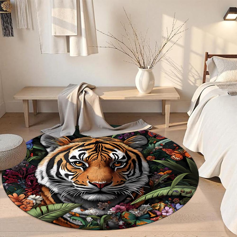 Tiger Round Office Rug Design for Dining Room Playrooms Kitchen Entryway Anti-slip Round Rug Decorate Offices Birthday Christmas Gift
