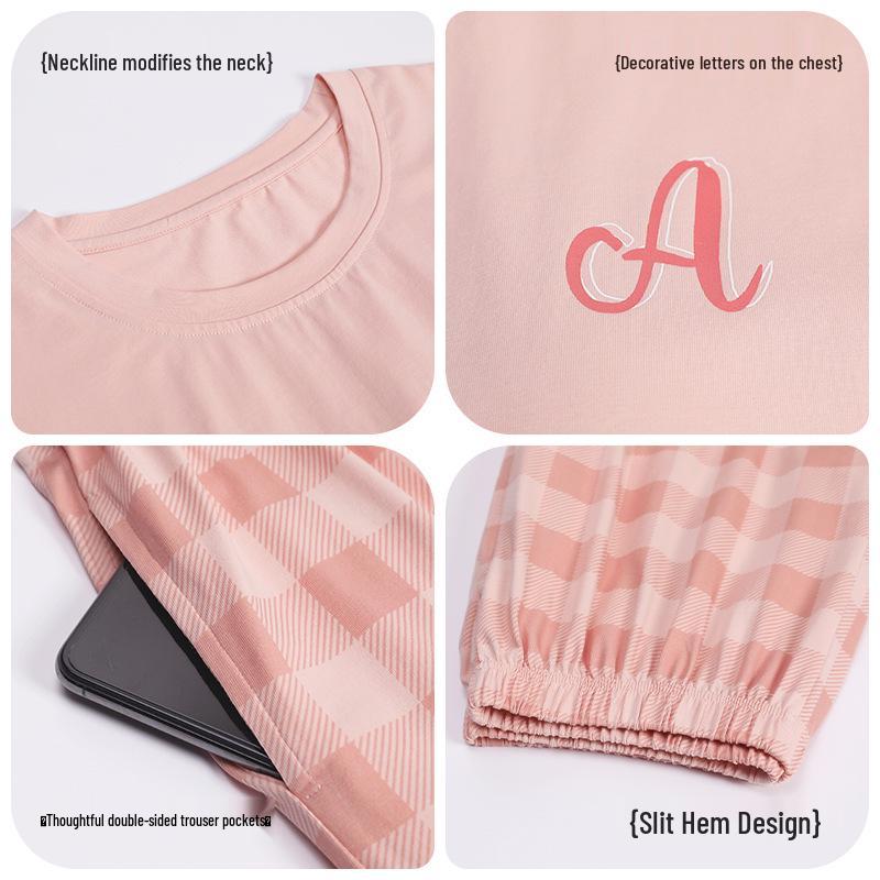 Women's Summer Cotton Pajama Set: Short Sleeve Top & Three-Quarter Pants, Thin & Plus Size