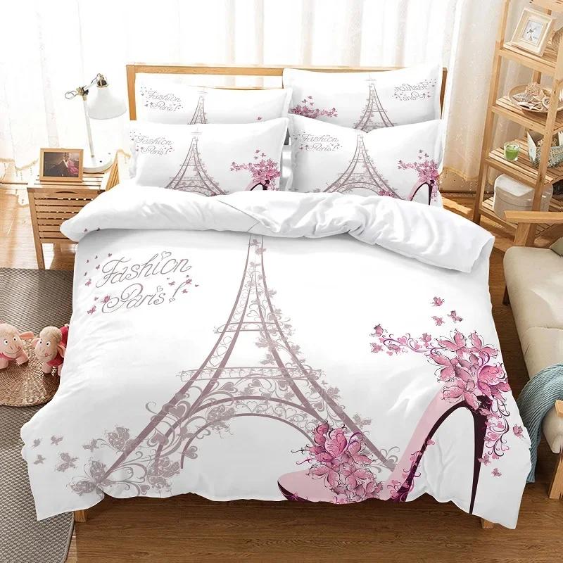 Comforter Romantic Eiffel Tower Microfiber Floral Bedding Set Paris Cityscape Twin Comforter For Girls Teen Adult Room