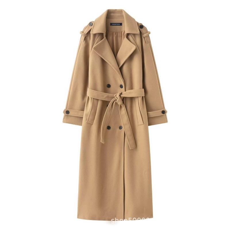 Womens Winter Wool Blend Double-Breasted Trench Coat Longline Classic British Style Streetwear Outerwear