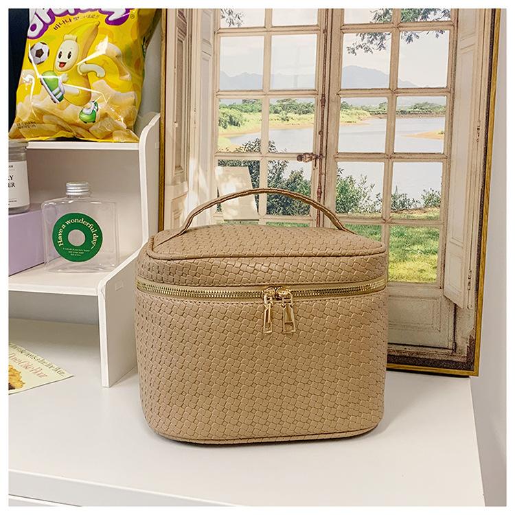 New Portable Storage Bag Pu Woven Cosmetic Bag Large Capacity Double Zipper Head Portable Travel Box Bag