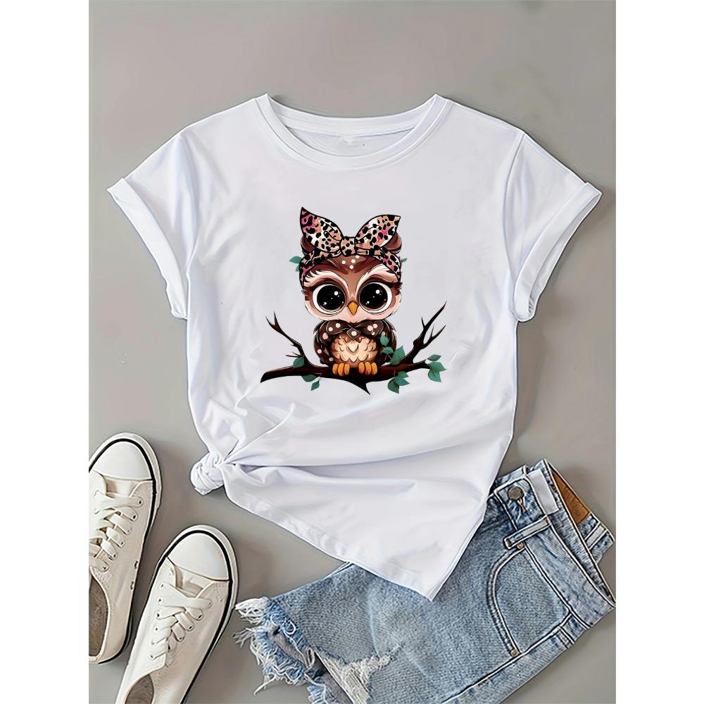 

Women Cotton Short Sleeves T-shirts Leopard Bow Owl Women s Tee Cute Animal Graphic Casual Everyday Top S