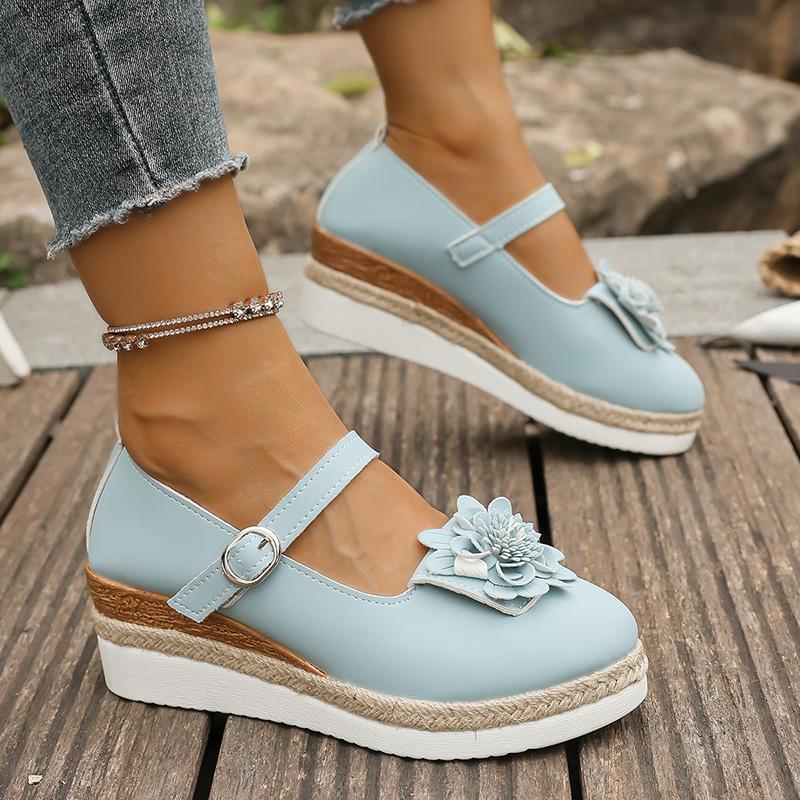 Modische weiße Mary Jane Wedges Schuhe für Damen Mode Blumendekor Espadrilles Sandalen Frau 2025 Frühling Herbst Lässige Plateau-Pumps