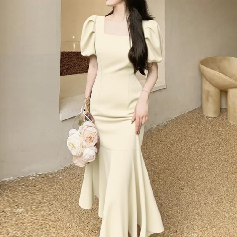 

ZANZEA Женское элегантное повседневное платье с квадратным вырезом, коротким рукавом и юбкой «рыбий хвост» M абрикосовый