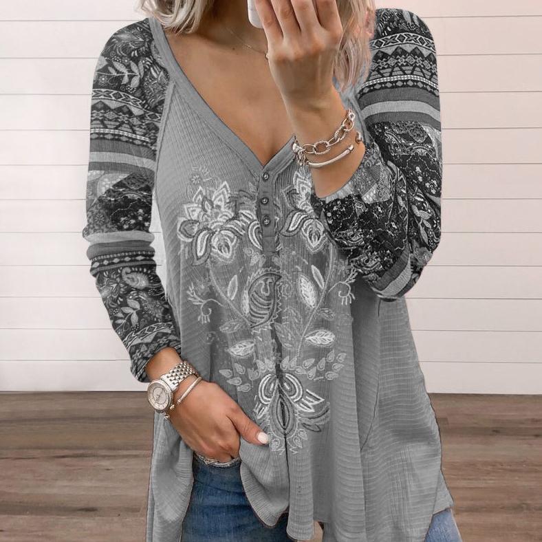 

GMXIA женские модные повседневные летние однотонные свободные блузки и рубашки с длинными рукавами и v-образным вырезом с принтом S серый