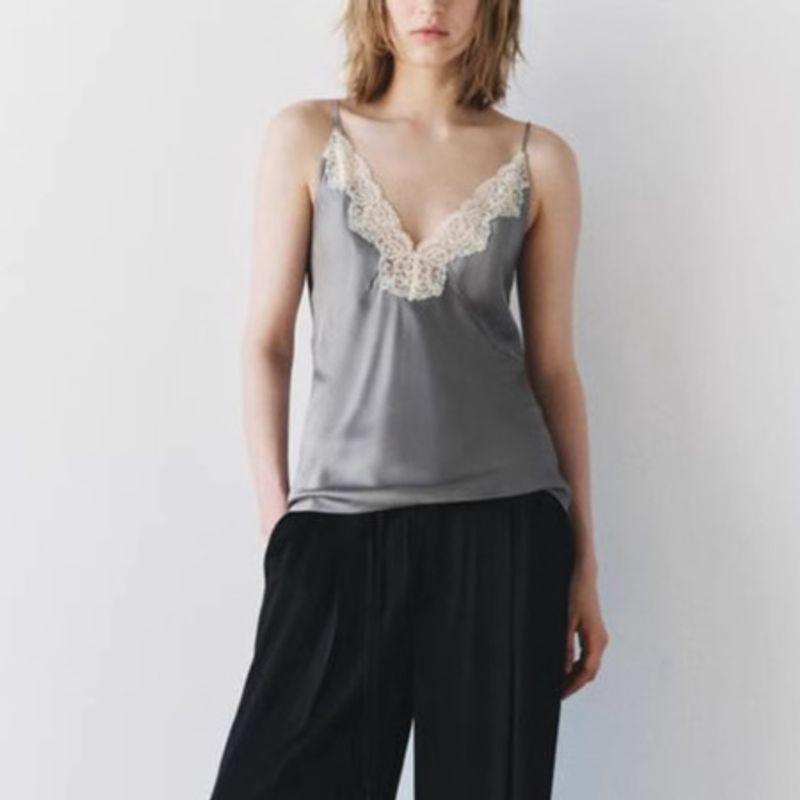 Spring New Women's French Style Elegant Sexy Lace Decorative Silk Satin Textured Vest Tops 1067261