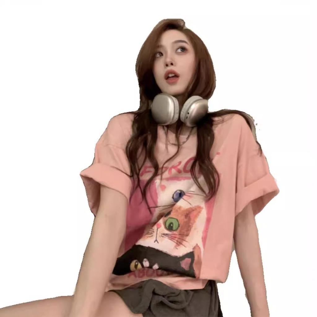 Plus Size Sweet Pink Cat Short Sleeve T-Shirt for Women - Summer Mid-Length, Slimming, Loose Fit