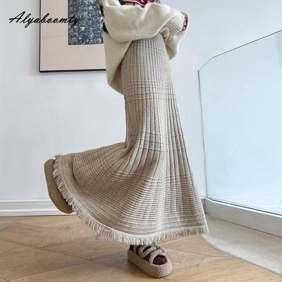 Korean Fashion Autumn Winter Women Midi Warm Skirt High Waist Beige Black Khaki Knitting Skirt Tassel Mermaid Knitted Thick Skirts