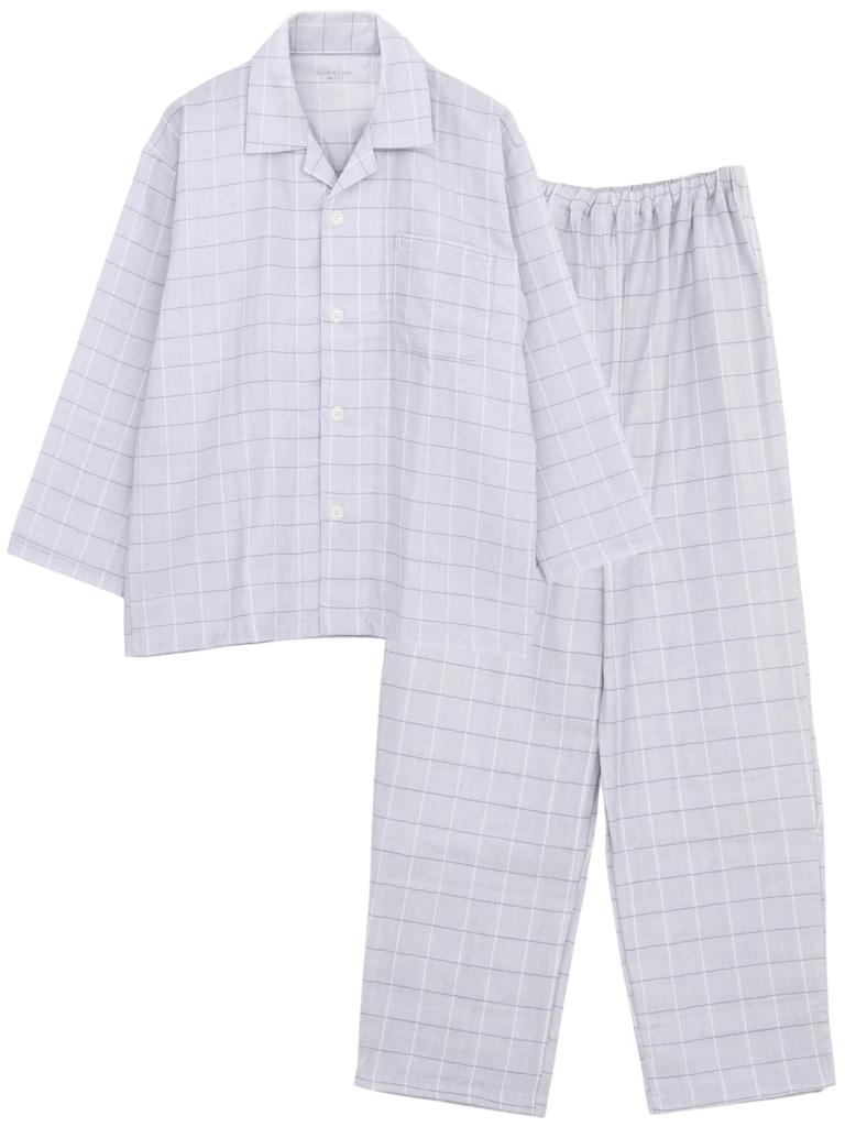 SUIMIN CARE Made in and Gauze Shirt Long Check Sizes LL Gray Japan, Unisex, Men's Women's, Triple-Layer Pajamas, Sleeve, 100% Cotton, Pattern,