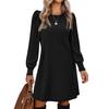 Womens Puff Long Sleeve Dress Casual Knit Crewneck Knee Length Dresses With Pockets