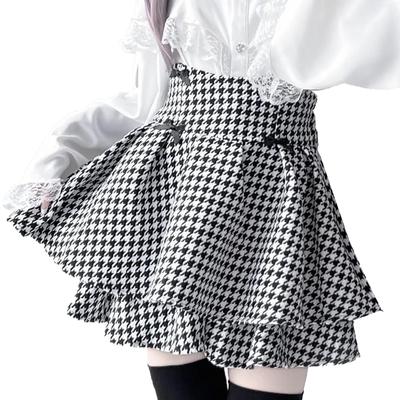 LAVASEON Karierte Mini Stufenrock mit Mori-Schleife, Rüschen, Länge, Niedlich, Damen, Massenproduktion, Subkultur, Schulstil, Rock,
