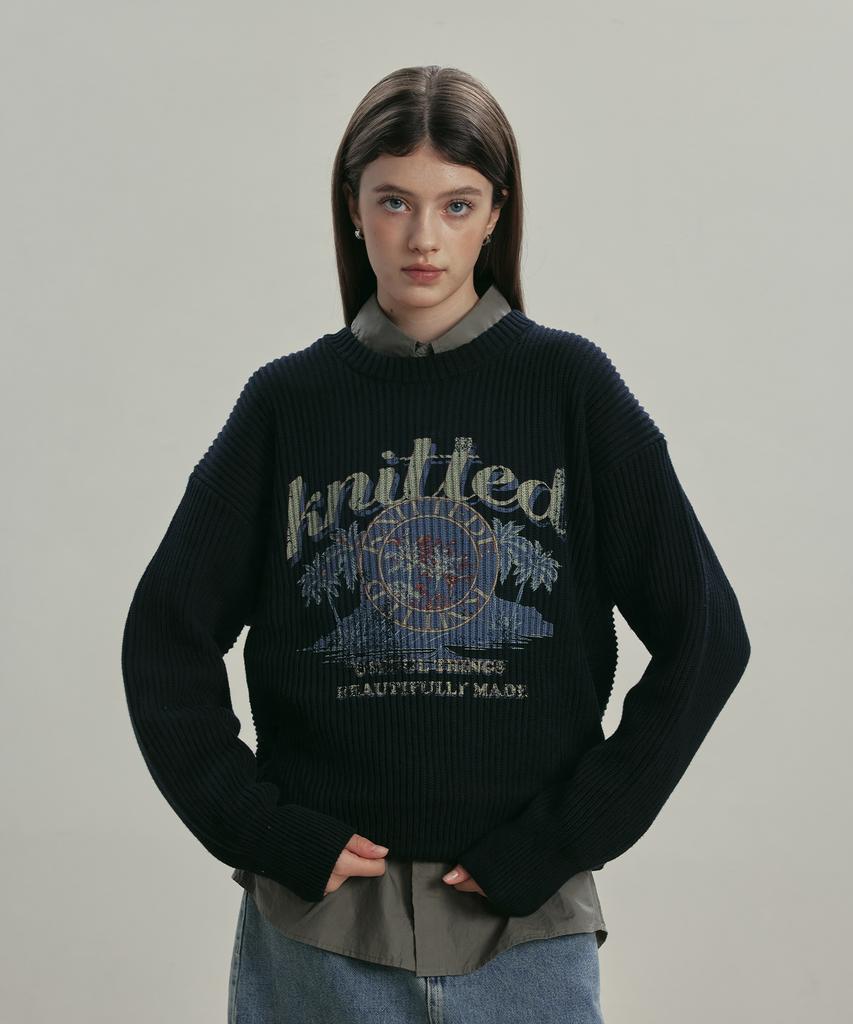 KNITTED Vintage Palm Tree Minimal Round Knit Black