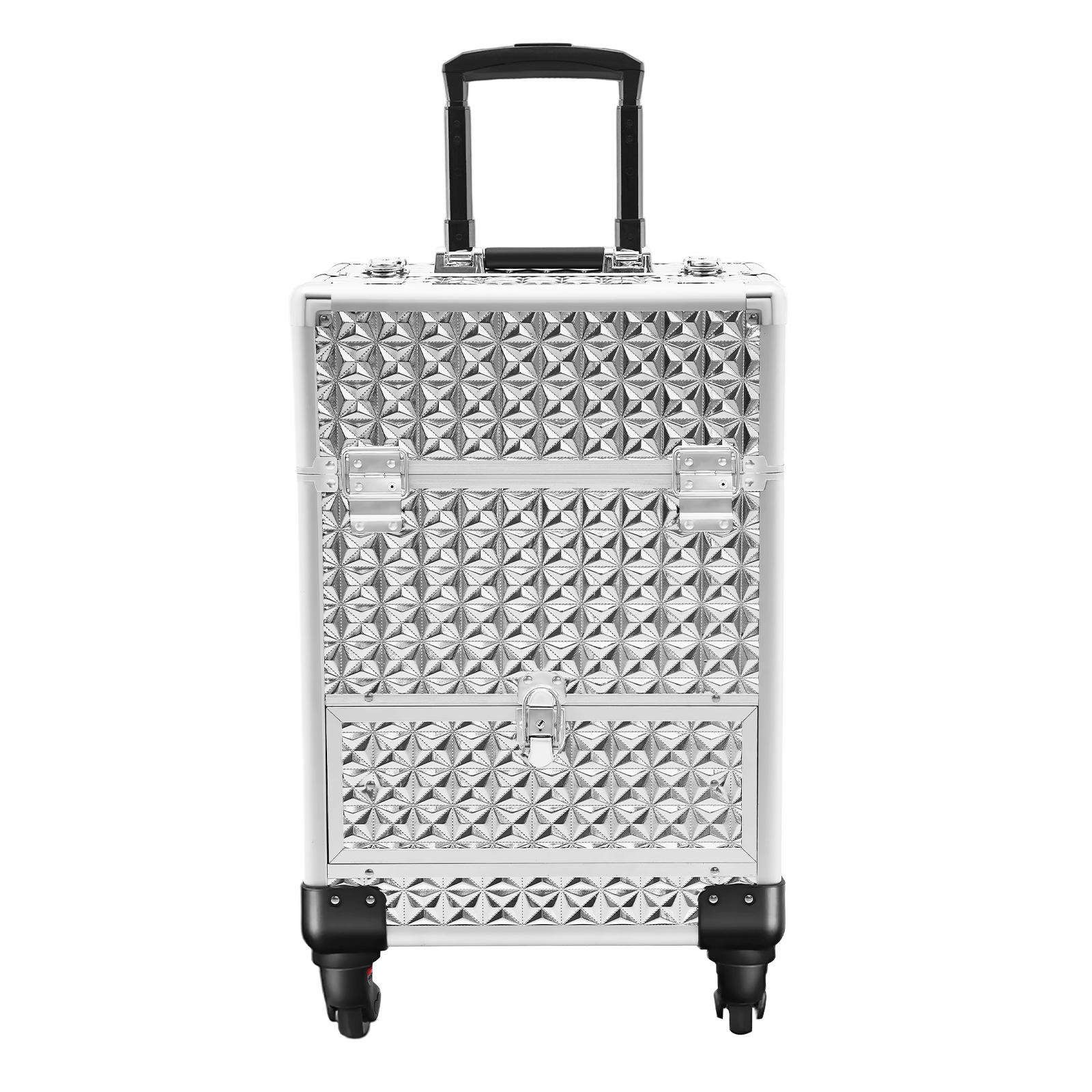 

Пересувний кейс для макіяжу з 4 знімними колесами, алюмінієвий, 20 кг, портативний, з шухлядами, ручний, з замком (Срібло) для Конкурсів срібний