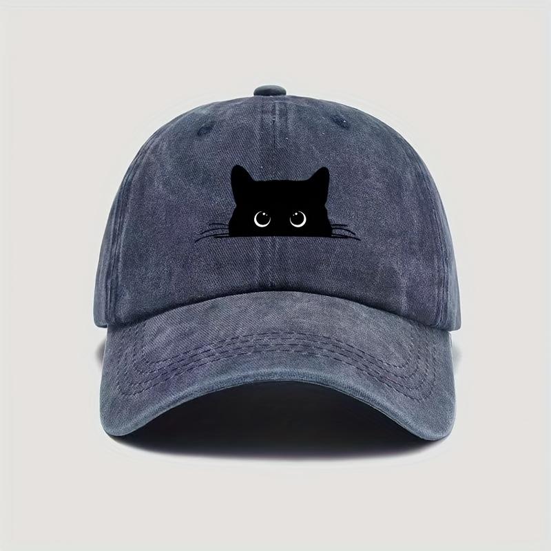 1 adet, Sevimli Kedi Baskılı Yıkanmış Beyzbol Şapkası, Modaya Uygun Dört Mevsim Dış Mekan Yürüyüş Parti Şapkası, Tokalı Hafif Polyester