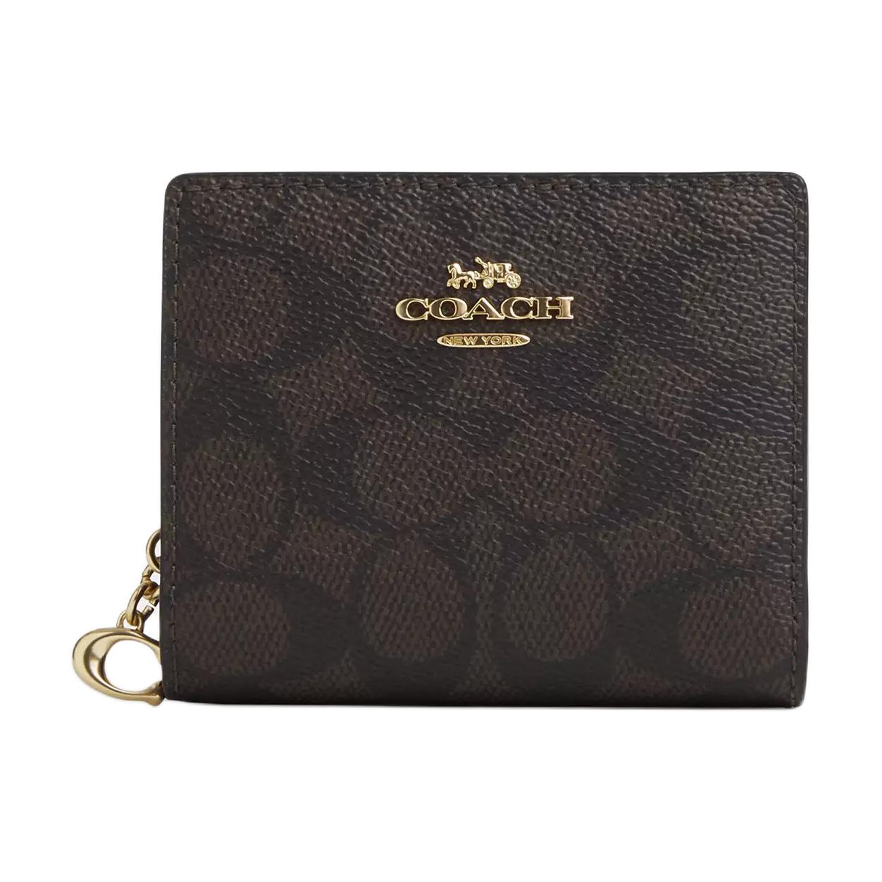 Coach Snap 11 Gold Logo Button Closure Coated Canvas Wallet Women wallet Walnut Black CW789-IMXAQ Walnut & Black