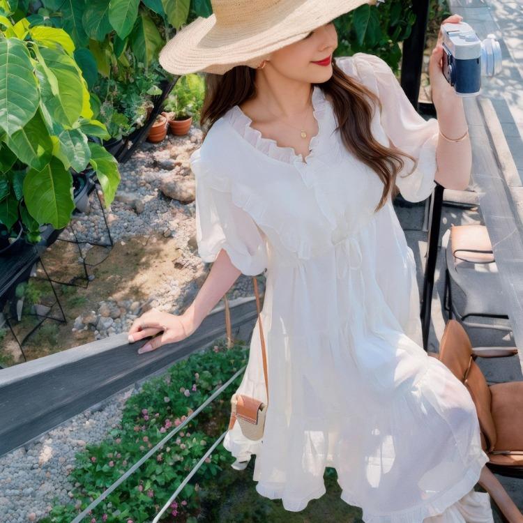 Summer White Moonlight Dress for Women Slimming Lace Up Waist Chiffon French Black Ears Sweet First Love Dress