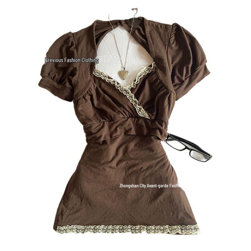 Petite Women's Retro Brown Lace Puff Sleeve Halter Cropped Top