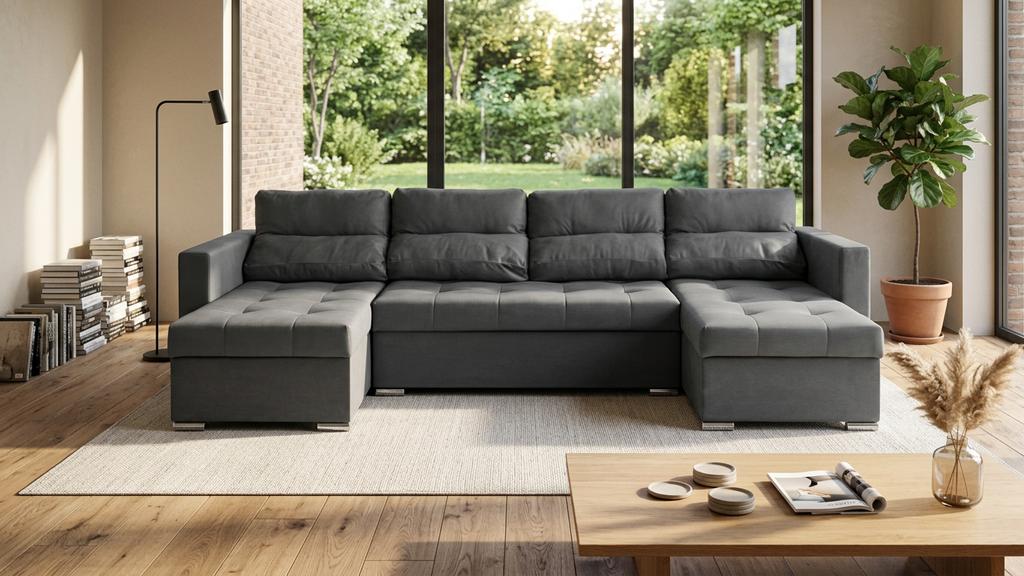 Großes U-Ecksofa Varius BIG mit Schlaffunktion, Kunstleder, 3 Bettkästen, moderne Chromfüße, Family Meble