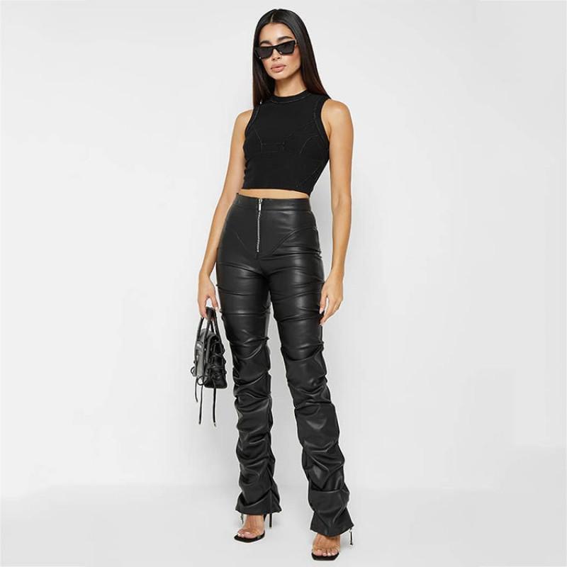 Womens Fashion Slim Fit PU Leather Flare Pants Casual Trousers All
