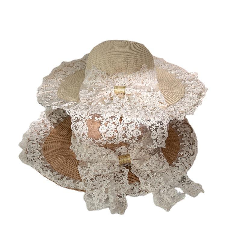 Ins Idyllic New Children's Sun Hat Sweet Lace Bow Sun Hat Big Brim Sun Protection Straw Hat