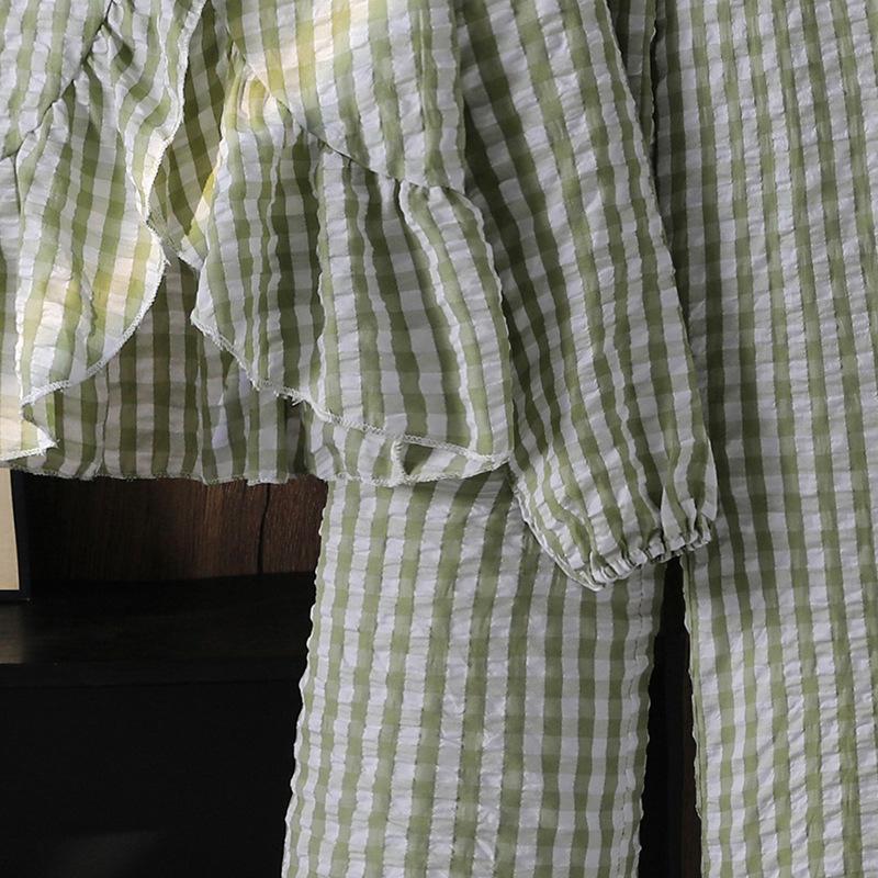 Children Clothes 2025 Autumn Plaid Loose Ruffled Long Sleeve Top And Wide Leg Pants Two-Piece Set For Girls