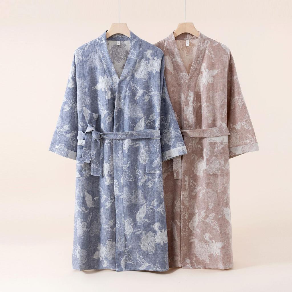 Cotton and Linen Nightgown Robes for Spring and Autumn Thin Mid-Length Lace-Up Bathrobe Casual Loose Women's Bathrobes