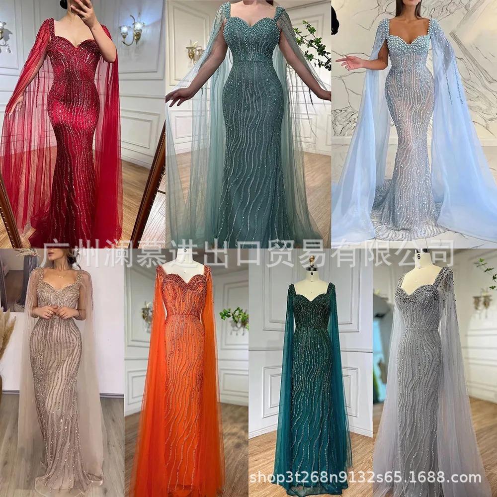 European and American high-end blue elegant flying sleeves fishtail dress banquet host performance evening dress LA11111