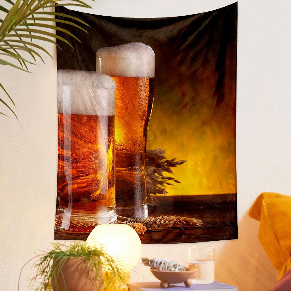 "Golden Beer with Wheat and Foam" Patterned tapestry home decor, suitable for bedroom and living room, gift