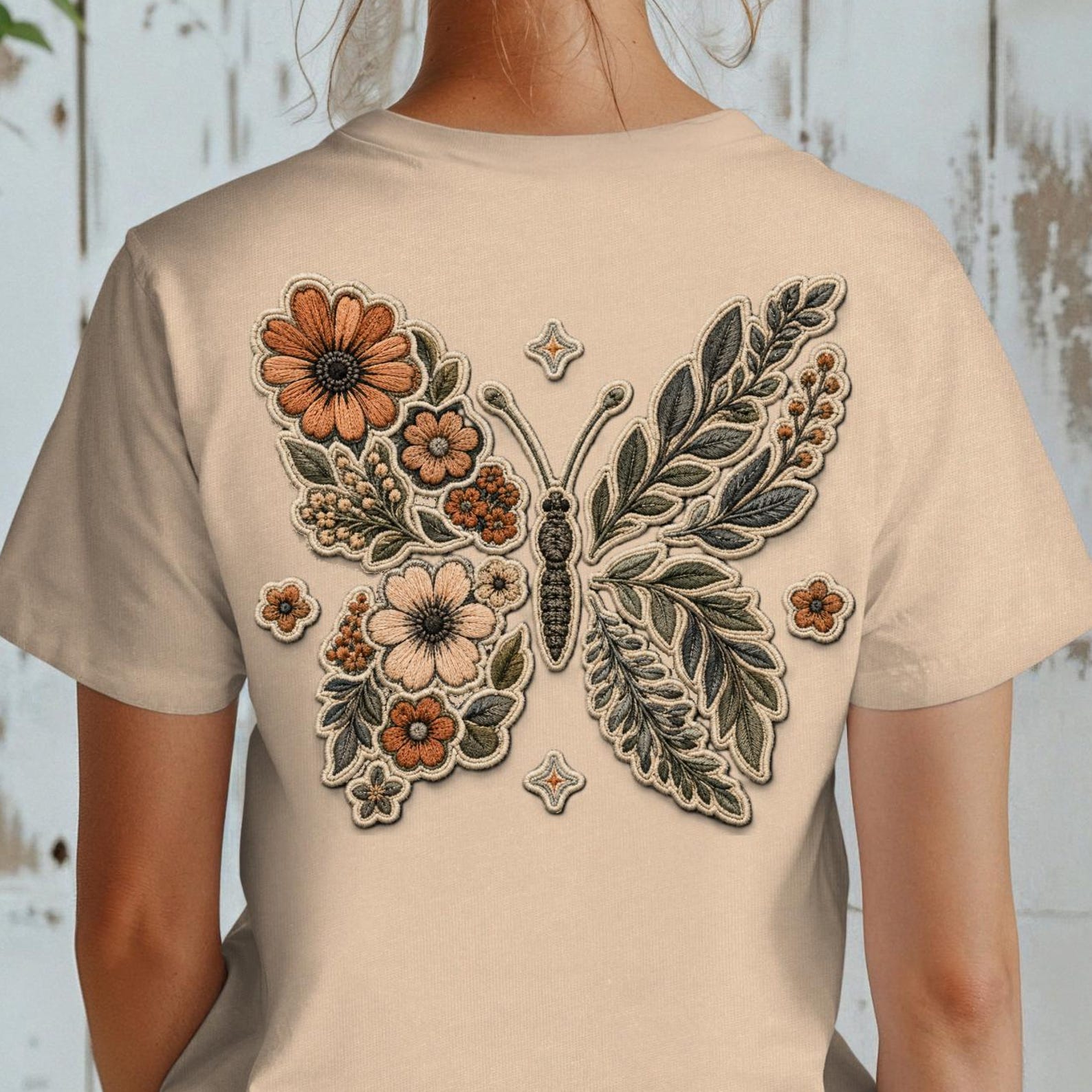 Boho Butterfly Shirt, Floral Back Print Tee, Garden Flower T shirt, Nature Lover Tee, Botanical Butterfly Shirt S