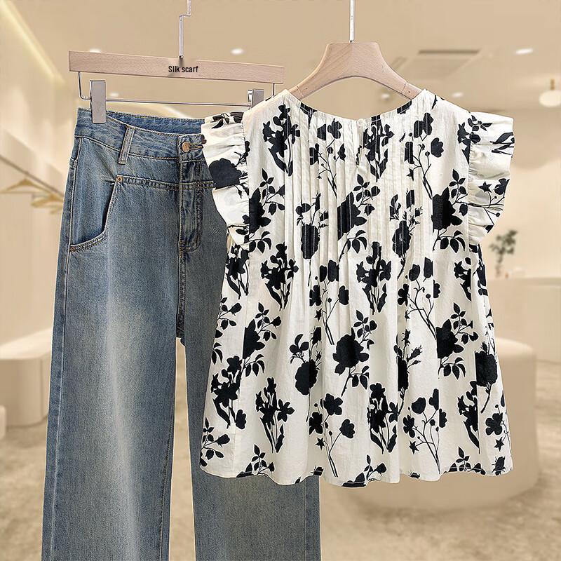 Women's Floral Flutter Sleeve Cotton Blouse