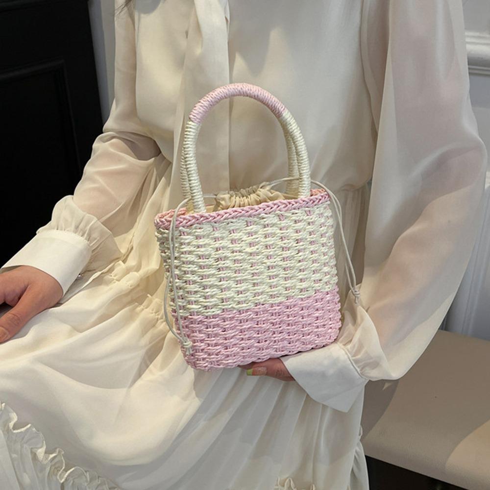 Casual Weave Straw Bag Colorful Patchwork Striped Handbag Fashion Beach Bag  Travel